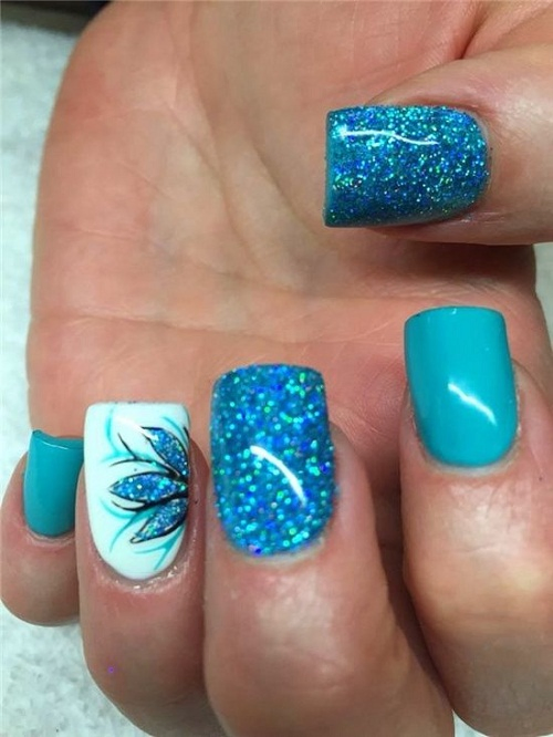 Aqua Blue Flower Glitter Nails