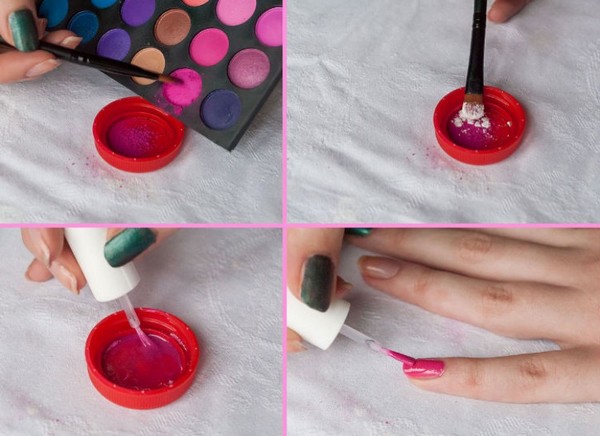 image of eyeshadow powder mixed with nail polish and applied to the nails 