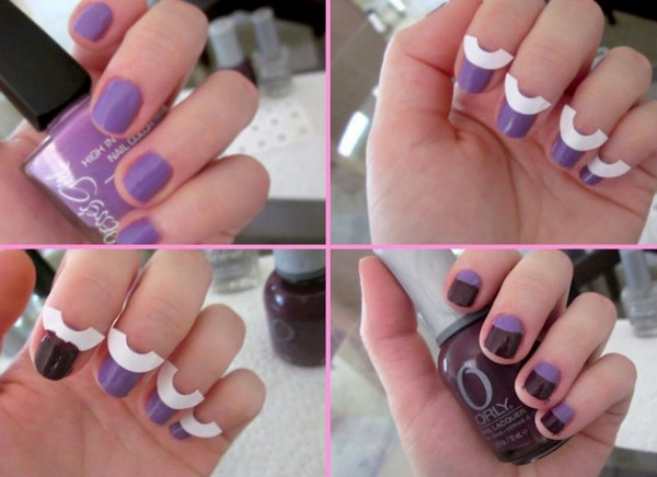 half burgundy half purple nails with sticker dividing the two colors 