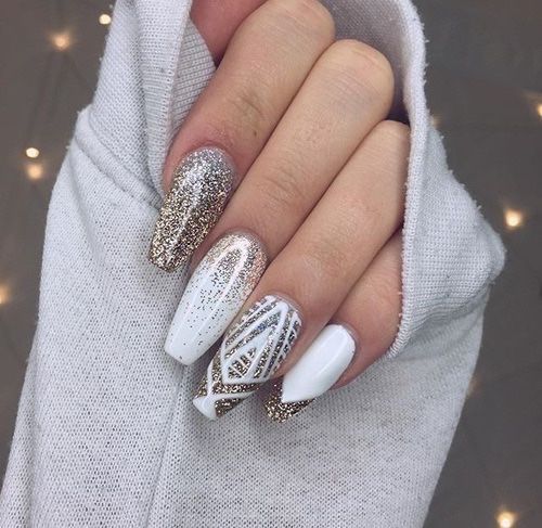 Long Gold and White Glitter Nails