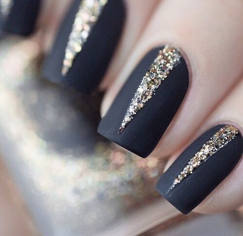 Matte Black with Gold Glitter Nails
