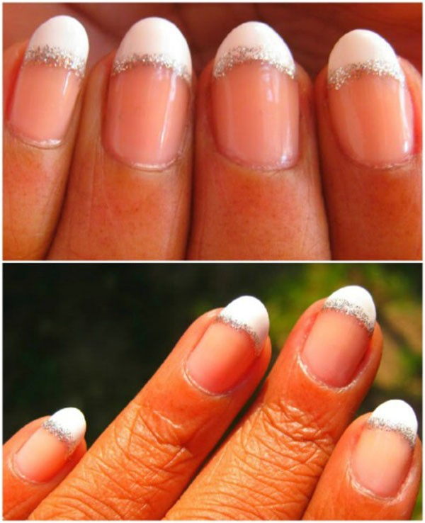 white French nail tips with glitter