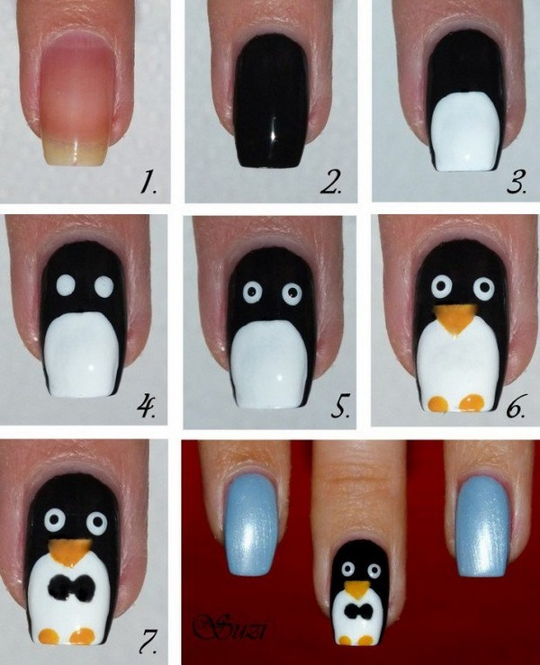 penguins drawn onto nails 