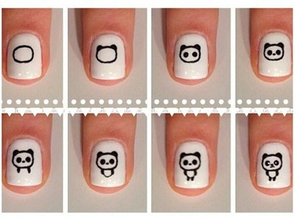 white nails with black pandas 