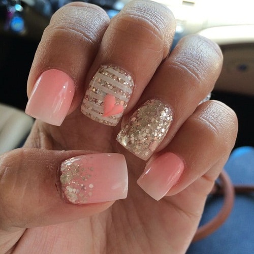 Pink Hearts Glitter Nails