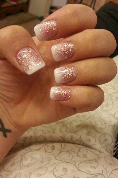 Pink and White Ombre Square Glitter Nails