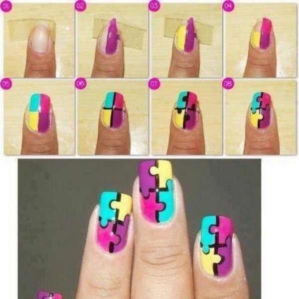 colorful nails with jigsaw puzzles drawn 