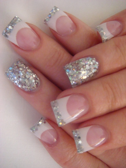 Silver and White French Tip Glitter Nails