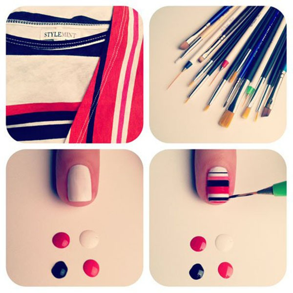 nails with stripes created by thin paint brushes 