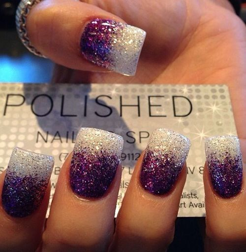 White and Violet Ombre Glitter Nails