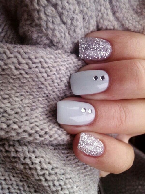White Glitter Nails with Gems