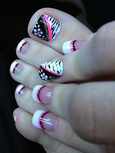 Black, White and Pink Cute Leopard Toe Nail Designs