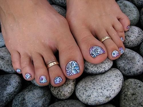 Flowers Gems and Stones Toe Nail Designs