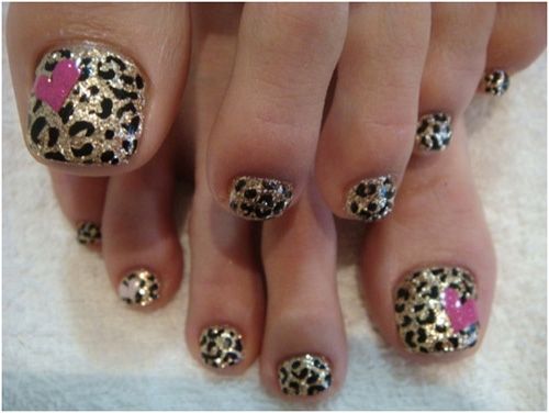 Leopard with Pink Hearts Cute Toe Nail Designs