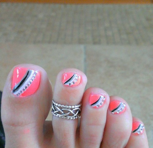 Orange with Gems Toe Nail Designs