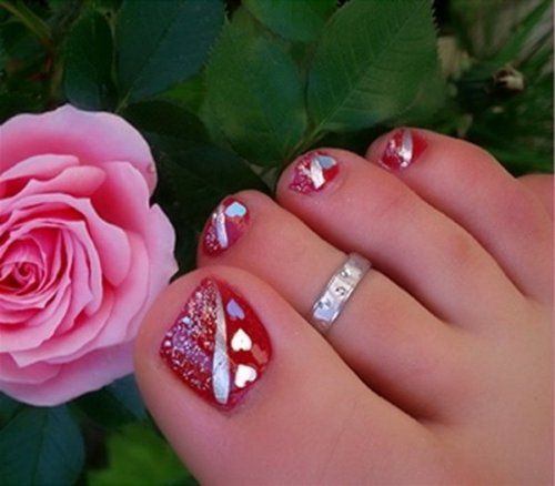Red Silver Hearts Toe Nail Designs