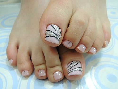 Silver Swirls with Pink Base Toe Nail Designs