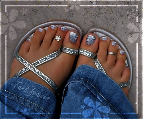 Silver with Flowers Toe Nail Designs