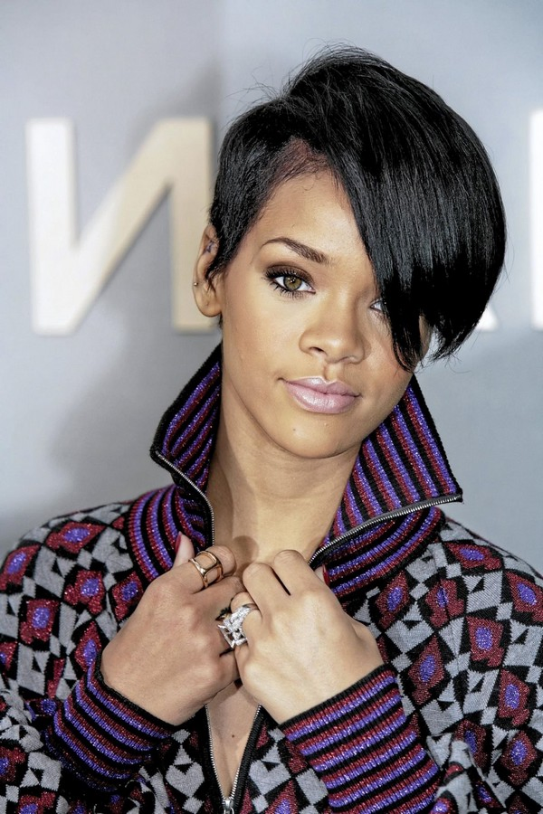 Rihanna with Short Bob Hairstyle and Long Side Swept Bangs