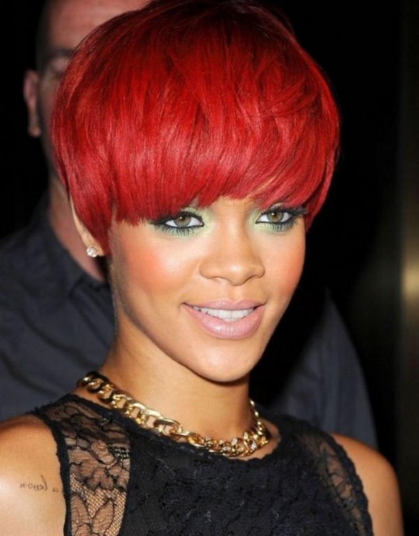 Rihanna with a Sleek Red Crop and Heavy Bangs