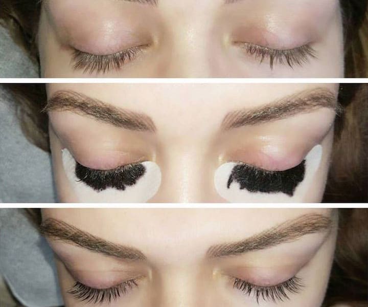 3 images showing the different stages of eyelash tinting at home