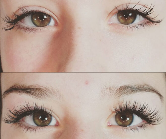 2 images of a woman's eyelashes before and after her eyelash tinting treatment