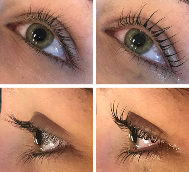 4 images showing the results of a woman's eyelash tinting procedure