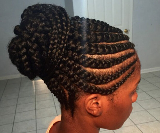 high wrap-around bun with ghana braids