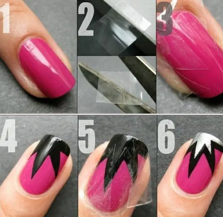 black and pink nail art with scotch tape