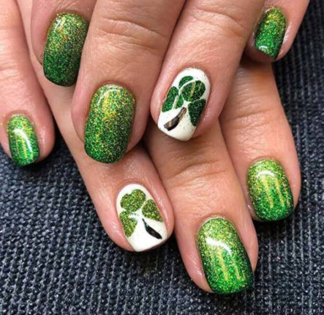 white nail with green shamrock